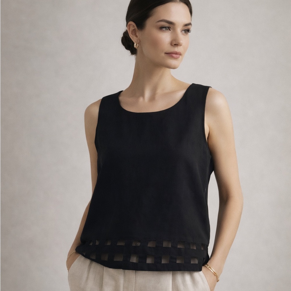 Karin Stevens Black Linen Sleeveless Blouse Size 14 Vintage Y2K Minimalist Chic